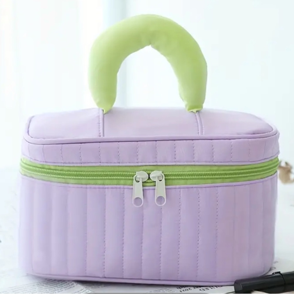 Purple and Green Quilted Cosmetic Bag with Zipper